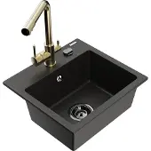 Mexen Milo 1-Becken-Granit-Spüle mit Mischbatterie Duero, Schwarz/Gold metallisch - 6505-75-671600-50-B