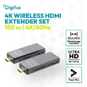 Digitus 4K Wireless HDMI Extender Set, 150 m, 4K/60Hz, 3840 x 2160 Pixel, AV-Sender & -Empfänger, 150 m, Kabellos, Schwarz, Grau, HDCP
