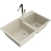 Mexen Tomas 2-Becken-Granitspüle mit Mischbatterie Flora, Beige - 6516-69-670401-07