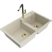 Mexen Tomas 2-Becken-Granitspüle mit Mischbatterie Flora, Beige - 6516-69-670401-57-G