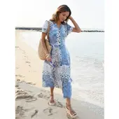 Inspirationen Sommerkleid "Sommerkleid", Damen, Gr. 46, Normalgrößen, blau (ecru, bleu, bedruckt), 100% Viskose, bedruckt, gemustert, mehrfarbig, wadenlang, V-Ausschnitt, Kleider Sommerkleid
