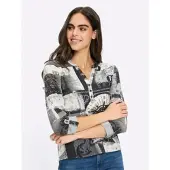 HEINE Blusenshirt "Shirtbluse", Damen, Gr. 42, schwarz-weiß (weiß, schwarz, bedruckt), 95% Viskose, 5% Elasthan, bedruckt, gemustert, mehrfarbig, Rundhals, Shirts Blusenshirt