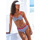 s.Oliver Bügel-Bikini-Top "Elain", Damen, Gr. 36, Cup F, schwarz-weiß (marine, weiß), Recycling-Polyamid, geringelt, Bikini-Oberteile Bügel-Bikini-Top, mit kontrastfarbigen Zierringen
