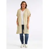 Sheego Strickweste "Long-Strickweste Strickweste mit Ajourmuster und Glitzergarn", Damen, Gr. 52/54, beige (sand), Modisch, V-Ausschnitt, Westen Strickweste