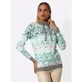 Création L Stehkragenpullover "Druck-Pullover", Damen, Gr. 42, grün (ecru, grau, bedruckt), 72% Viskose, 28% Polyamid, bedruckt, gemustert, mehrfarbig, Pullover Stehkragenpullover
