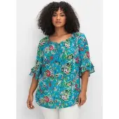 Sheego Longbluse BY JOE BROWNS, Damen, Gr. 48, blau (blau gemustert), 100% Viskose, geblümt, gemustert, Rundhals, Blusen Longbluse