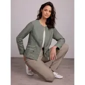 CREATION L PREMIUM Blusenblazer CREATION L "Leinen-Blazer Leinenblazer mit Reißverschluss-Taschen", Damen, Gr. 40, grün (khaki, weiß, meliert), Web, Stoff, , Modisch, Rundhals, Blazer Blusenblazer