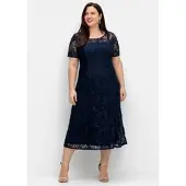 Sheego Abendkleid "Abendkleid", Damen, Gr. 48, Normalgrößen, blau (marine), 100% Polyester, unifarben, wadenlang, Rundhals, Kleider Abendkleid