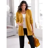 Sieh an! Strickjacke SIEH AN "Long-Strickjacke Strickjacke mit gerippten Abschlüssen", Damen, Gr. 38, gelb (ocker), Modisch, V-Ausschnitt, Strickjacken Strickjacke