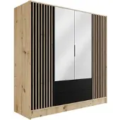 ALTDECOR Kleiderschrank mit Spiegel und selbstschließenden, Lamellentüren, Lamellen, Flügeltüren - NELIA - 200 cm Artisan / Schwarz / Artisan