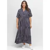 Sheego Maxikleid "Maxikleid Maxikleid mit Streifenmuster", Damen, Gr. 48, N-Gr, bunt (nachtblau, gestreift), Sportlich, V-Ausschnitt, Kleider Maxikleid, mit weit schwingendem Rockteil