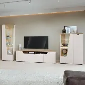 Lomadox Wohnwand in Beige & Eiche mit Vitrine, Lowboard & Highboard, 3-teilig - CARMONA-129