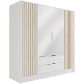 ALTDECOR Kleiderschrank mit Spiegel und selbstschließenden, Lamellentüren, Lamellen, Flügeltüren - NELIA - 200 cm Weiß / Artisan