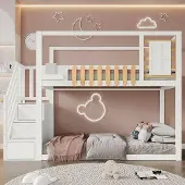 OEM Kinderstapelbett mit Sicherheitsgitter, weiß, 90x200 cm, massiver Nussbaumrahmen
