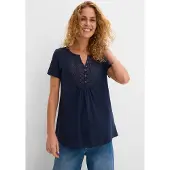 Bonprix T-Shirt , Damen, Gr. 36/38 (S), blau (dunkelblau), Obermaterial: 100% Baumwolle, Shirts T-Shirt, leicht ausgestellte Passform, Rundhals-Ausschnitt mit Zierknopfleiste