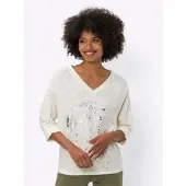 HEINE 3/4-Arm-Shirt "Shirt", Damen, Gr. 38, beige (champagner), 100% Baumwolle, gemustert, unifarben, V-Ausschnitt, Shirts 3/4-Arm-Shirt