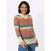 Casual Looks V-Ausschnitt-Pullover "Stehkragen-Pullover", Damen, Gr. 46, kalkmint, flamingo, geringelt, 100% Polyacryl, gemustert, gestreift, mehrfarbig, Pullover V-Ausschnitt-Pullover