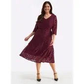 Sheego Spitzenkleid "Webkleid", Damen, Gr. 48, Normalgrößen, burgund, 92% Polyamid, 8% Elasthan, unifarben, wadenlang, V-Ausschnitt, Kleider Spitzenkleid