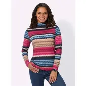 Casual Looks Stehkragenshirt "Druck-Shirt", Damen, Gr. 52, blau (dunkelblau, dunkelrot, bedruckt), 95% Viskose, 5% Elasthan, bedruckt, gemustert, mehrfarbig, Shirts Stehkragenshirt