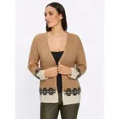 HEINE Cardigan "Strickjacke Cardigan", Damen, Gr. 50, beige (camel, schwarz, gemustert), Modisch, V-Ausschnitt, Strickjacken Cardigan