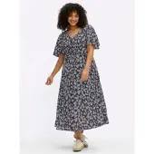Sheego Jerseykleid "Webkleid Blumenkleid mit Knotendetail", Damen, Gr. 46, N-Gr, blau (tiefblau, champagner, bedruckt), Modisch, V-Ausschnitt, Kleider Jerseykleid