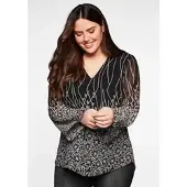 Sheego Longbluse BY JOE BROWNS, Damen, Gr. 50, schwarz (schwarz bedruckt), 100% Polyester, bedruckt, geblümt, gemustert, mehrfarbig, V-Ausschnitt, Blusen Longbluse
