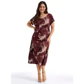 Sheego Jerseykleid "Jersey-Kleid", Damen, Gr. 48, Normalgrößen, rot (schoko, apricot, bedruckt), Jersey, 95% Viskose, 5% Elasthan, gemustert, mehrfarbig, wadenlang, Rundhals, Kleider Jerseykleid