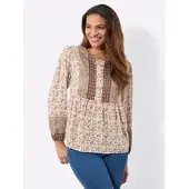 Inspirationen Longbluse , Damen, Gr. 48, beige (ecru, papaya, bedruckt), 100% Viskose, bedruckt, geblümt, gemustert, mehrfarbig, Rundhals, Blusen Longbluse