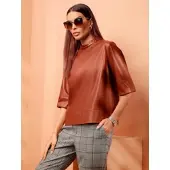 HEINE Kurzarmbluse , Damen, Gr. 42, braun (rotbraun), 100% Polyester, unifarben, Rundhals, Blusen Kurzarmbluse