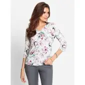 Lady 3/4-Arm-Shirt "Shirt", Damen, Gr. 44, lila (orchidee, ecru, bedruckt), 95% Viskose, 5% Elasthan, geblümt, gemustert, mehrfarbig, herzförmiger Ausschnitt, Shirts 3/4-Arm-Shirt