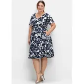 Sheego Cocktailkleid "Abendkleid", Damen, Gr. 58, Normalgrößen, blau (marine, gemustert), 97% Baumwolle, 3% Elasthan, geblümt, gemustert, mehrfarbig, knielang, V-Ausschnitt, Kleider Cocktailkleid