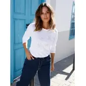 Inspirationen Langarmshirt "Langarm-Shirt", Damen, Gr. 38, weiß (ecru), 50% Baumwolle, 50% Modal, gemustert, unifarben, Rundhals, Shirts Langarmshirt