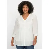 Sheego Klassische Bluse BY JOE BROWNS "Longbluse Crêpebluse mit Biesen und Häkelspitze", Damen, Gr. 44, weiß, Crepe, , Modisch, V-Ausschnitt, Blusen Klassische Bluse
