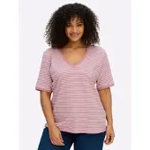 Sheego Kurzarmshirt "Shirt", Damen, Gr. 56/58, rosa (ecru, altrosa, geringelt), 50% Baumwolle, 50% Modal, gemustert, gestreift, V-Ausschnitt, Shirts Kurzarmshirt