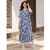 Sheego Sommerkleid "Webkleid A-Linien-Kleid mit Volants", Damen, Gr. 58, N-Gr, blau (flieder, ecru, bedruckt), Elegant, Rundhals, Kleider Sommerkleid