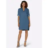 Casual Looks Jeanskleid "Jeans-Kleid", Damen, Gr. 42, Normalgrößen, blau (blau, bleached), 100% Baumwolle, unifarben, kurz, V-Ausschnitt, Kleider Jeanskleid