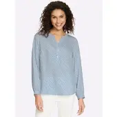 HEINE Langarmbluse , Damen, Gr. 48, blau (eisblau, ecru, bedruckt), 100% Polyester, bedruckt, gemustert, mehrfarbig, Rundhals, Blusen Langarmbluse