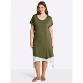 Sheego Jerseykleid "Jersey-Kleid", Damen, Gr. 42, Normalgrößen, grün (oliv, weiß), Jersey, 95% Viskose, 5% Elasthan, unifarben, wadenlang, Rundhals, Kleider Jerseykleid