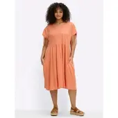 Sheego Jerseykleid "Kleid", Damen, Gr. 58, Normalgrößen, papaya, Jersey, 100% Baumwolle, unifarben, wadenlang, V-Ausschnitt, Kleider Jerseykleid