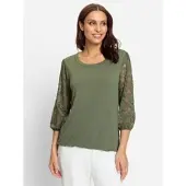 Lady 3/4-Arm-Shirt "Spitzen-Shirt", Damen, Gr. 50, grün (khaki), 95% Viskose, 5% Elasthan, unifarben, Rundhals, Shirts 3/4-Arm-Shirt