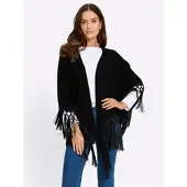 HEINE Strickcape "Cape Strickcape mit Fransen", Damen, Gr. 46-50, schwarz, Strick, , Elegant, Strickjacken Strickcape