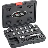 Vigor Steckschlüssel Satz superflach V5202 Vierkant hohl 6,3 mm (1/4 Zoll) 4 – 14 25 teilig