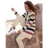 Casual Looks Longstrickjacke , Damen, Gr. 46, bunt (sand, khaki, geringelt), 50% Viskose, 28% Polyester, 22% Polyamid, gemustert, gestreift, mehrfarbig, Strickjacken Longstrickjacke