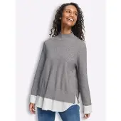 HEINE 2-in-1-Pullover "2-in-1-Pullover", Damen, Gr. 42, grau (grau, meliert), 50% Viskose, 28% Polyester, 22% Polyamid, Webware:100% Baumwolle, unifarben, Pullover 2-in-1-Pullover