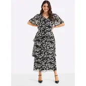 Sheego Abendkleid "Abendkleid", Damen, Gr. 50, Normalgrößen, schwarz-weiß (schwarz, weiß, gemustert), Georgette, 100% Polyester, geblümt, gemustert, lang, V-Ausschnitt, Kleider Abendkleid
