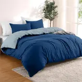 OEM Dekbed-Set 200x200 cm, 2 Kissen, 100% Microvezel, 3-teilig, Chemiefrei, Dunkelblau/ Grau-Blau