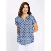 Sieh an! Schlupfbluse CLASSIC BASICS, Damen, Gr. 52, blau (jeansblau, ecru, bedruckt), 100% Viskose, gemustert, mehrfarbig, Rundhals, Blusen Schlupfbluse