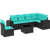 vidaXL 7-teiliges Gartensofa-Set mit Kissen, schwarzes Polyrattan