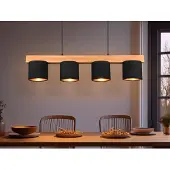 Meine Wunschleuchte Pendelleuchte mit Holz-Balken & 4 Stoffschirme Schwarz Gold für über Esstisch