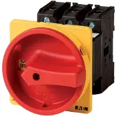Eaton 048218 Hauptschalter, P3, 63 A, Zwischenbau, 3-polig, NOT-AUS-Funktion, mit rotem Drehgriff und gelbem Sperrkranz, abschließbar in 0-Stellung
